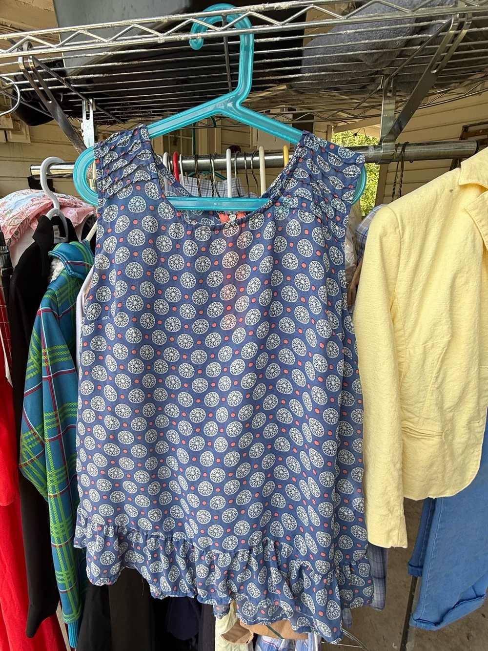 Sleeveless Blue Floral Ruffle Hem Top Exposed Zipper